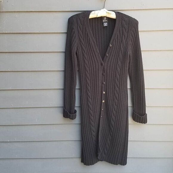 Y2K Black Ribbed Q knitwear Midi/Maxi Cardigan Sweater Size Med - Picture 9 of 9